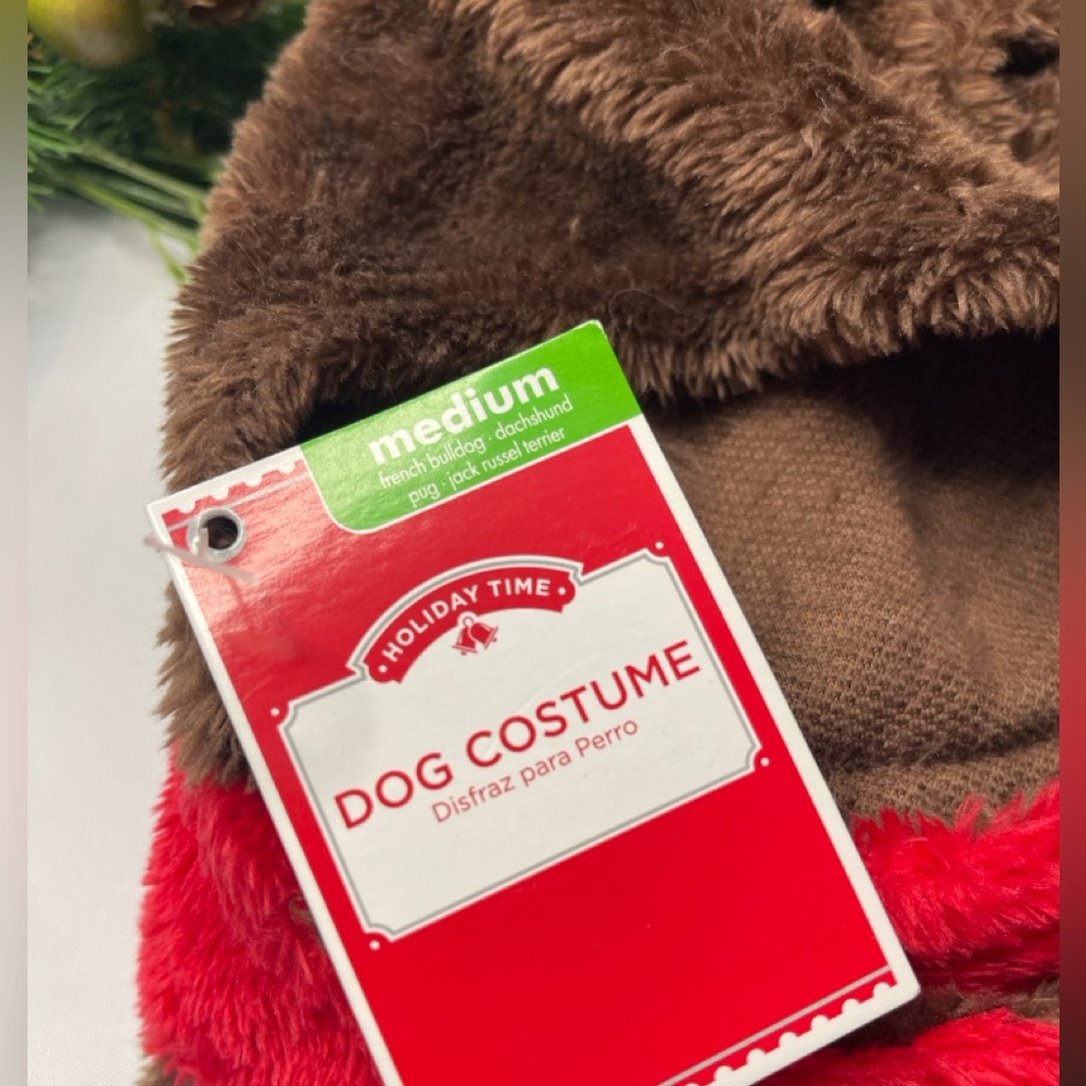 SimplyDog Reindeer Dog Costume Hoodie Brown Red Antlers Bells Medium NWT - Picture 2 of 3